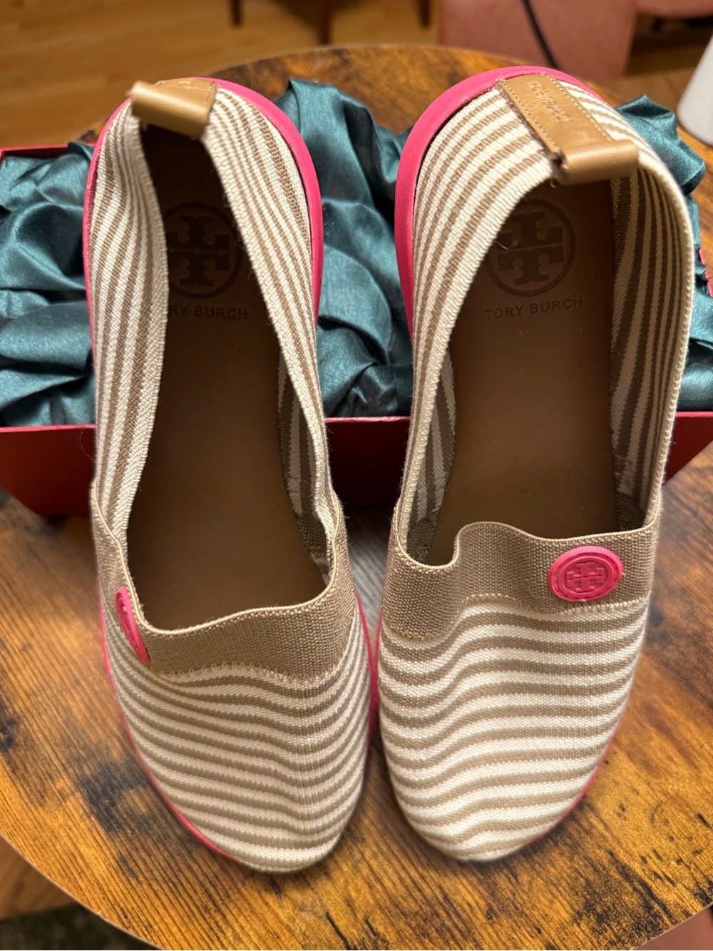 Tory Burch Beige Striped Canvas Slip-On Flats with Pink Trim